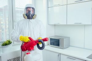 pest control worker standing with sprayer in kitchen